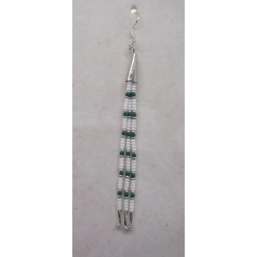 Earrings Beaded White, Green & Silver